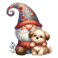 ai généré une mignonne gnome avec une chien et fleurs png