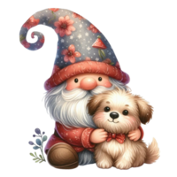 AI generated a cute gnome with a dog and flowers png