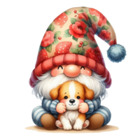 AI generated a cute gnome with a dog and flowers png