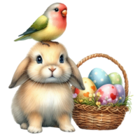 AI generated easter bunny with bird in basket with eggs and flowers png