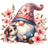AI generated a cute gnome with a dog and flowers png