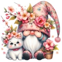 AI generated a cute gnome with a dog and flowers png