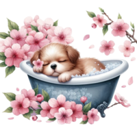 AI generated a cute puppy sleeping in a bathtub with flowers png