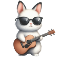 ai generato un' carino coniglietto con occhiali da sole giocando un acustico chitarra png