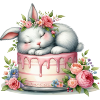 AI generated cake with bunny and flowers on top png