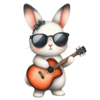 ai gegenereerd een schattig konijn met zonnebril spelen een akoestisch gitaar png