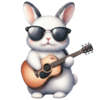 ai gegenereerd een schattig konijn met zonnebril spelen een akoestisch gitaar png