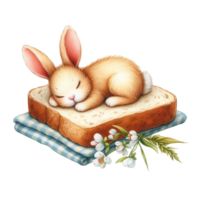 ai generado acuarela ilustración de un linda conejito dormido en un rebanada de un pan con flores png