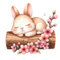 AI generated a cute bunny sleeping on a log with pink flowers png