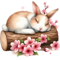 AI generated a cute bunny sleeping on a log with pink flowers png