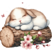 AI generated a cute bunny sleeping on a log with pink flowers png