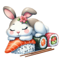 AI generated a cute bunny is sleeping on sushi png