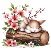 AI generated a cute bunny sleeping on a log with pink flowers png