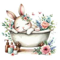 ai généré mignonne peu lapin en train de dormir dans une baignoire avec fleurs et fleurs png