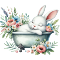 AI generated cute little bunny sleeping in a bathtub with flowers and flowers png