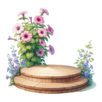 ai genererad trä- podium med blommor png
