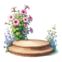 ai generiert hölzern Podium mit Blumen png