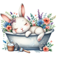 ai generato carino poco coniglietto addormentato nel un' vasca da bagno con fiori e fiori png