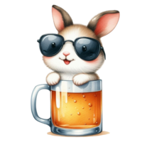 ai gegenereerd een schattig konijn met zonnebril en een glas van bier png