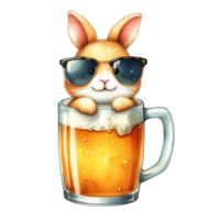 ai gegenereerd een schattig konijn met zonnebril en een glas van bier png