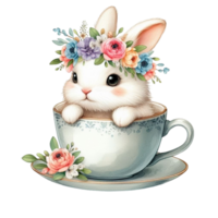 ai generado un linda conejito con flores en sus cabeza es sentado en un taza png