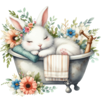 ai generato carino poco coniglietto addormentato nel un' vasca da bagno con fiori e fiori png