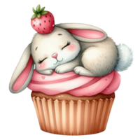 AI generated a cute bunny sleeping on top of a cupcake with strawberries png