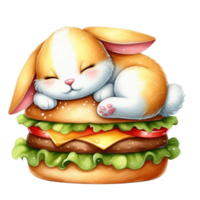 AI generated bunny sleeping on a hamburger png