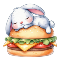 AI generated bunny sleeping on a hamburger png
