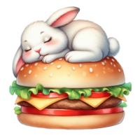 AI generated bunny sleeping on a hamburger png