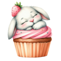 AI generated a cute bunny sleeping on top of a cupcake with strawberries png