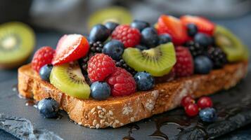 ai generado cubierto de frutas un pan rebanada foto