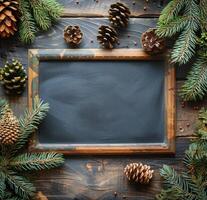 AI generated Chalkboard Surrounded by Pine Cones and Berries photo