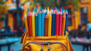 AI generated Blue Backpack Filled With Colored Pencils photo