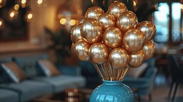 AI generated Blue Vase Filled With Gold Balloons photo