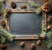 AI generated Chalkboard Surrounded by Pine Cones and Berries photo