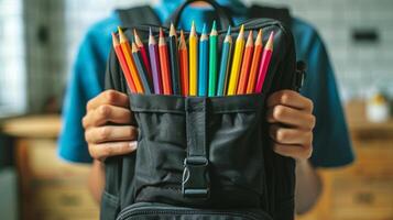 AI generated Person Holding Backpack Full of Colored Pencils photo