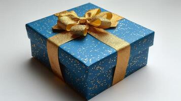 AI generated Blue Gift Box With Gold Bow photo
