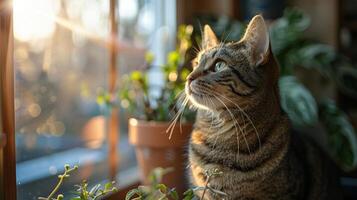 ai generado gato sentado en ventana umbral siguiente a en conserva planta foto