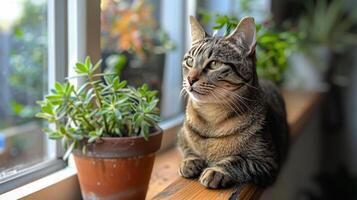 ai generado gato sentado en ventana umbral siguiente a en conserva planta foto