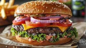 ai generado delicioso hamburguesa con lechuga, tomate, cebolla, y queso foto