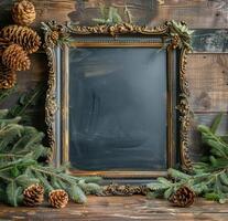 AI generated Chalkboard Surrounded by Pine Cones photo