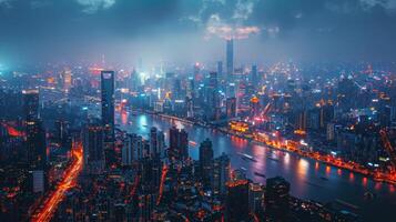AI generated Aerial View of a City at Night photo