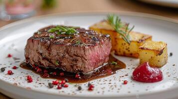 AI generated Juicy Steak With Sauce and Garnish on White Plate photo