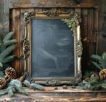 AI generated Chalkboard Surrounded by Pine Cones photo