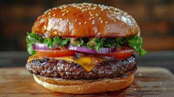 ai generado delicioso hamburguesa con lechuga, tomate, cebolla, y queso foto