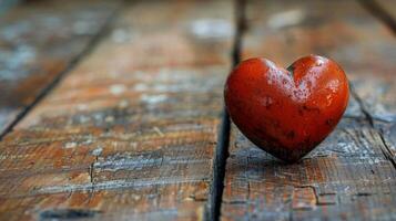 ai generado rojo corazón en de madera mesa foto