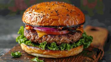 ai generado delicioso hamburguesa con lechuga, tomate, cebolla, y queso foto