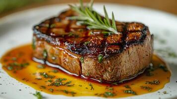 AI generated Juicy Steak With Sauce and Garnish on White Plate photo