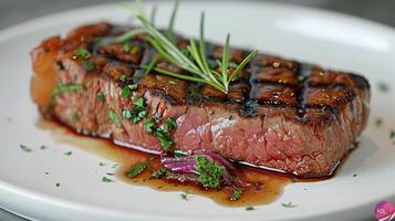 AI generated Juicy Steak With Sauce and Garnish on White Plate photo